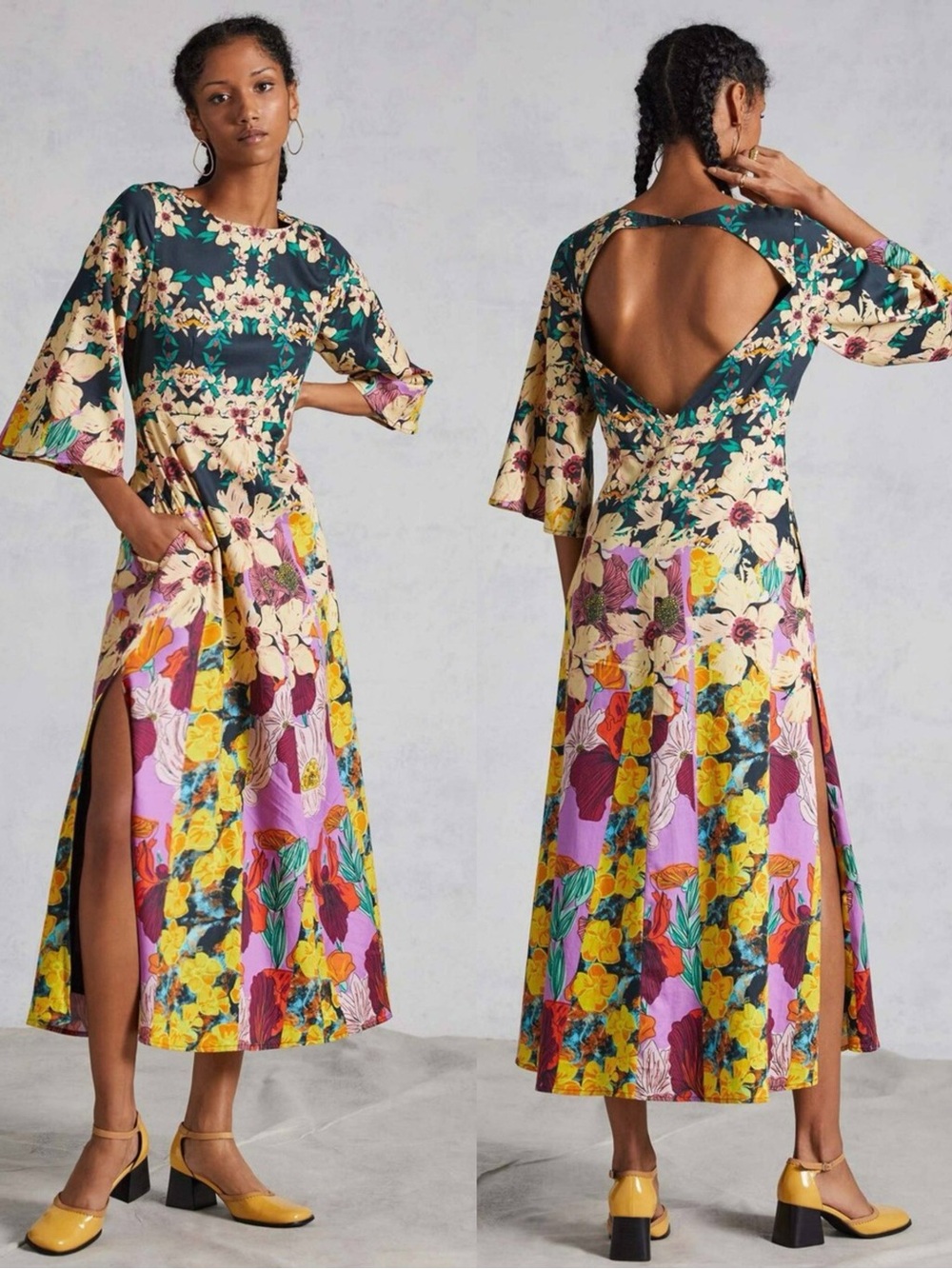 NWT Anthropologie Roopa Pemmaraju Floral Open Back Bell Sleeve Maxi Dress L
